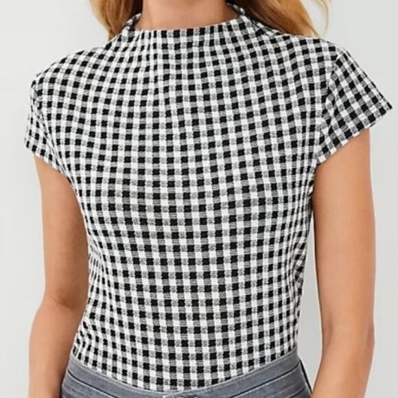 Ann Taylor Mock Neck Cap Sleeve Plaid Top (Black, Red & White) - Picture 4 of 5